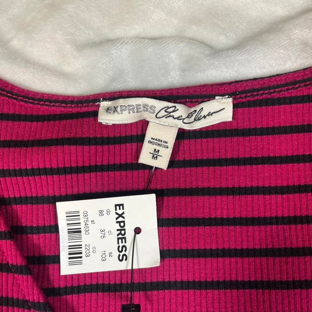 Express Womens Magenta Black Striped Ribbed Wrap Side Tie Tank Top Med NWT - Picture 3 of 8